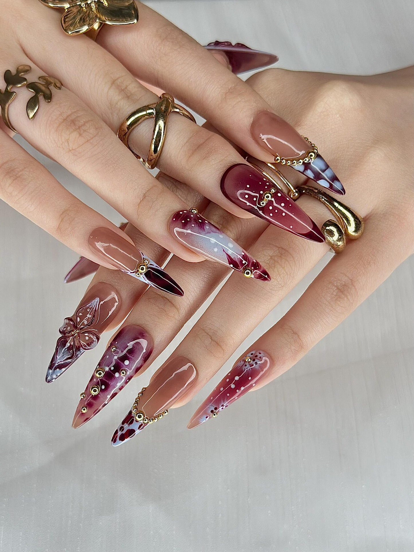 Burgundy Baroque Press On Nails | Luxury Cherry Red Nails | Gold Accent Nails | Elegant Marble Nails | Handmade Glam Press Ons | JC316HC