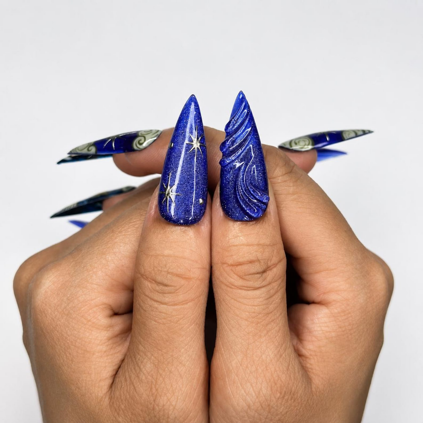 Celestial Art Press On Nails | Starry Night Sky Nail Set | Hand Painted Fantasy Nails | Sapphire Blue Statement Manicure | OC451JC