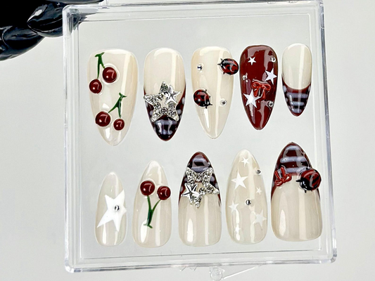 Retro Cherry Star Press On Nails | Y2K Indie Style Fake Nails | Burgundy French Tips Nail Art | 2000s Indie Inspired Press Ons | HC928YC