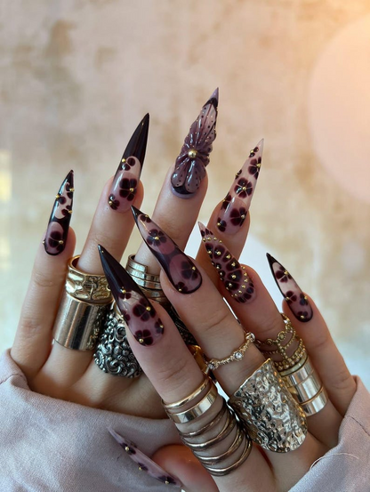 Fall Rose Luxe Press On Nails | Pink & Brown Autumn Glam Nails | 3D Bow and Rose Accents | Elegant Metallic Nail Design | HB1099EK