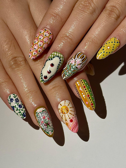 Hand Painted Vintage Floral Fake Nails | European Folk Art Nail Design | Soft Pastel Art Nails | Storybook Style Press Ons| JB304H