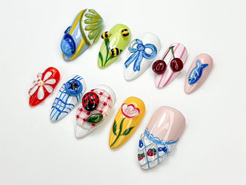 Garden Picnic Summer Press On Nails | 3D Cherry, Bee & Flower Nail Art | Summer Cottagecore Nails | Cute Colorful Press Ons | JB896HC