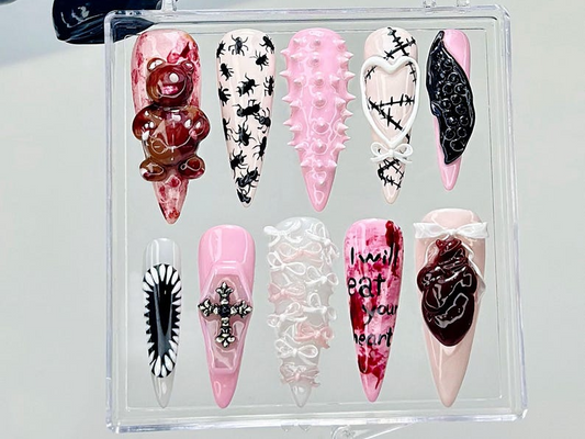 3D Punk Gothic Press On Nails | Edgy Pink Fake nails| Kawaii Horror Y2K Nail Art | Pink Horror Kawaii Nails | 3D Bloody Bear Nails| HB937YC