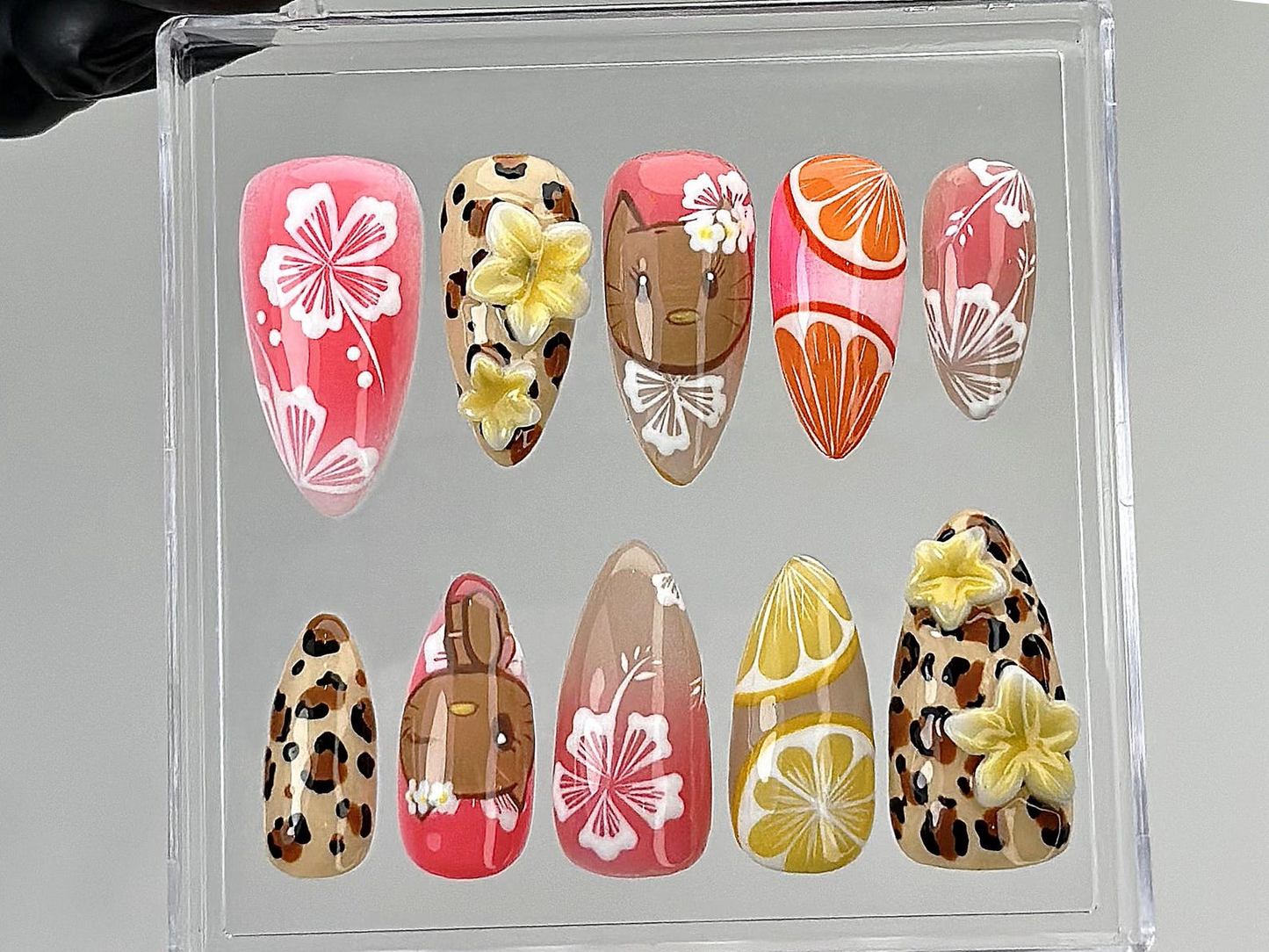 Tropical Summer Press On Nails | 3D Hibiscus, Citrus Design Fake Nails | Handmade Vacation Nail Art | Luau Beach Press Ons | Summer |HB878YC