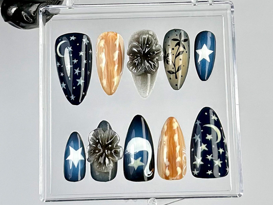 Luxury Night Sky Press On Nails | Midnight Sky Themed Fake nails | Dark Aesthetic Celestial Nail Art | Starry Night Press Ons | HB788YK