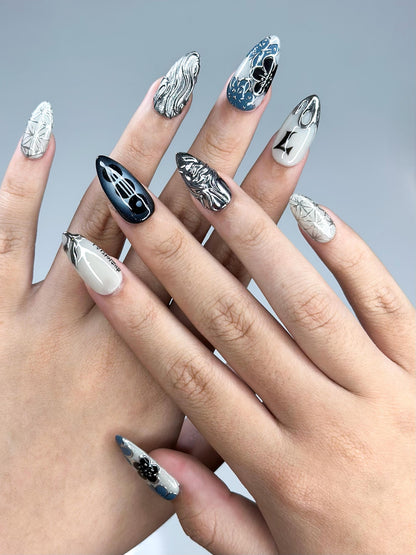 Kpop Inspired Indigo Voyage Nails | 7 Spirit Arirang Silver Shark Nails | Ocean Muse 3D Chrome Nails | Handmade Nails | JC357IC