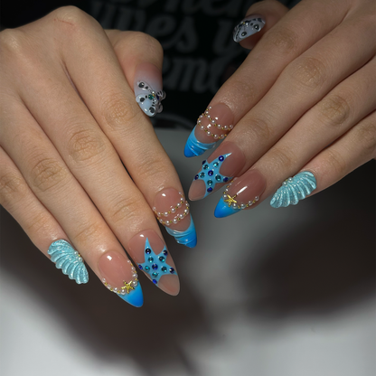 Summer Beach Press On Nails Almond • Vacation Holiday Nails • 3D Blue Starfish Pearl Seashell Tropical Ocean Handmade Fake Nails| OB422LC