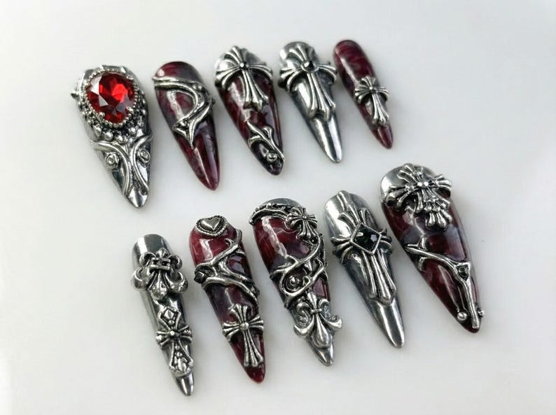 Gothic Blood Cross Press On Nails | Dark Red Medieval Nails | Silver Armor Nail Art | Gothic Cross Statement Nails | JB265EK