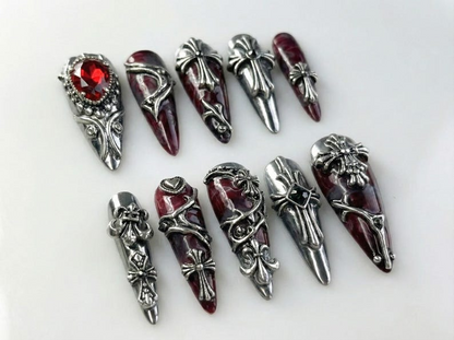 Gothic Blood Cross Press On Nails | Dark Red Medieval Nails | Silver Armor Nail Art | Gothic Cross Statement Nails | JB265EK
