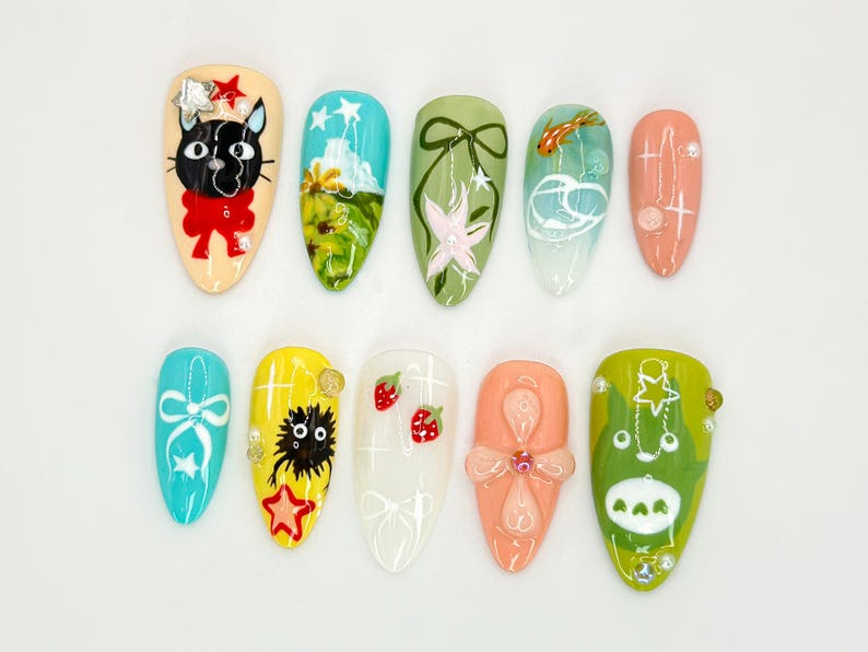 Studio Ghibli-Inspired Nail Art | Totoro and Kiki Nail Art | Kawaii Anime 3D Design | Whimsical Anime & Nature Nail Art | JB543HK