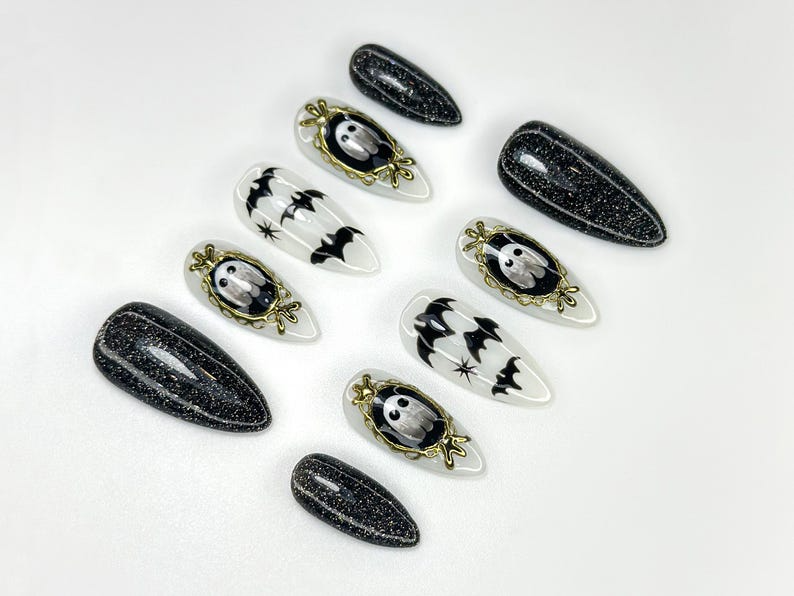 Haunted Mirror Ghost Nails | Gothic Halloween Press Ons | Black Glitter & Bat Nail Art | Handmade Spooky Black Set | JC1143BK