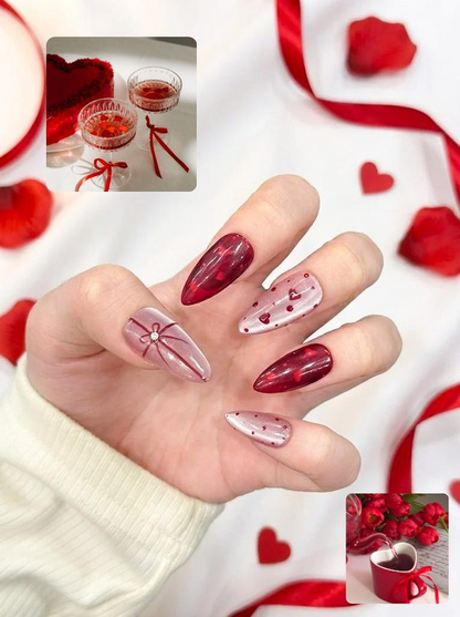 Valentine’s Day Heart Press On Nails | Red & Pink Romantic Nail Set | Handmade Gift for Girlfriend | Elegant Stiletto Fake Nails | HC999GC