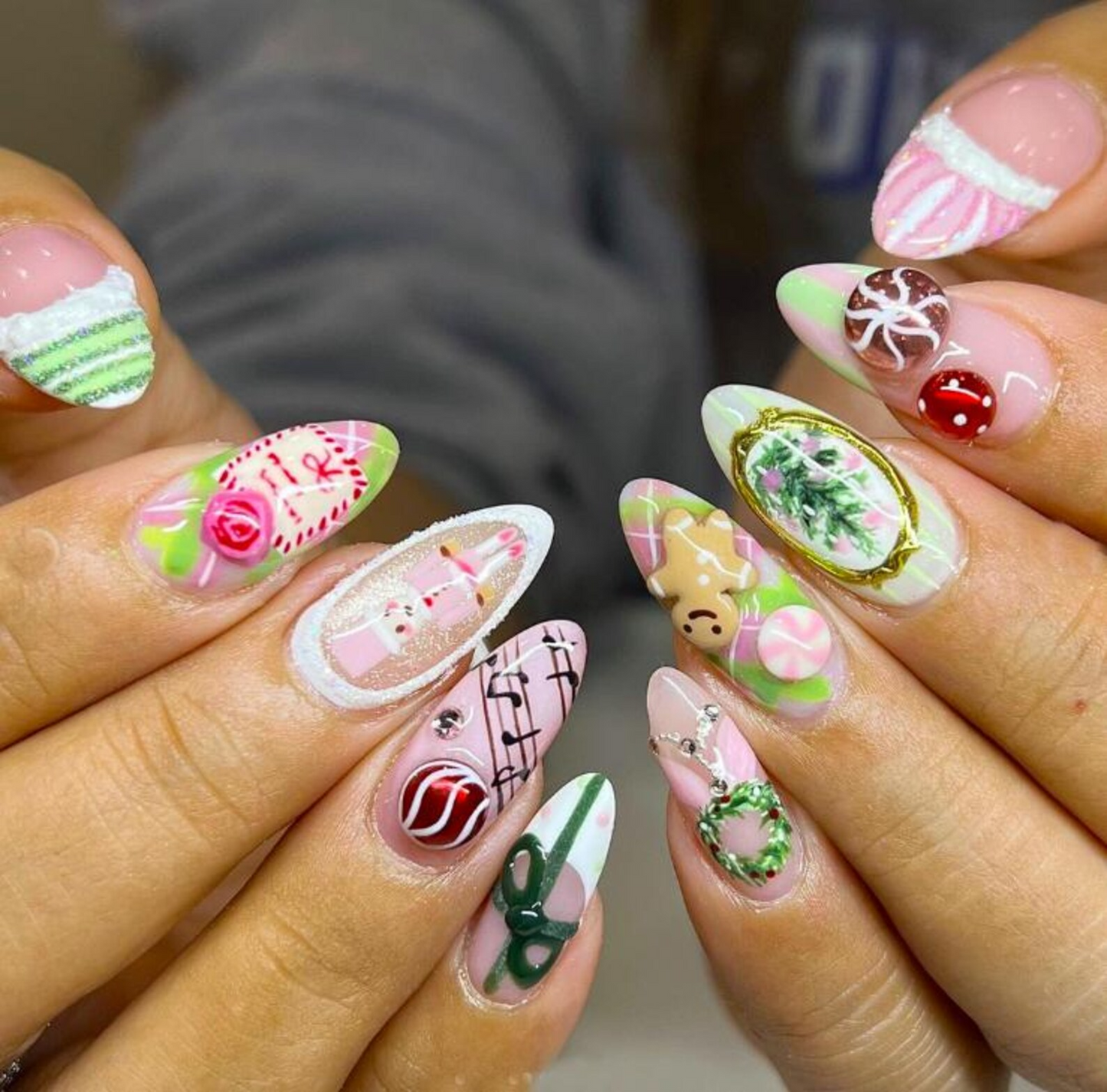 Pink Peppermint Christmas Press On Nails | Nutcracker Holiday Cute Nails | Wreath & Candy Art Nails | Cute Christmas Pastel Nails | JC259EC