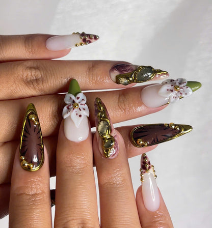 Autumn Gemstone Bloom Press On Nails | Fall Burgundy and Green Nail Art | 3D Flower & Crystal Accents | Baroque Autumn Design | HC1094EC