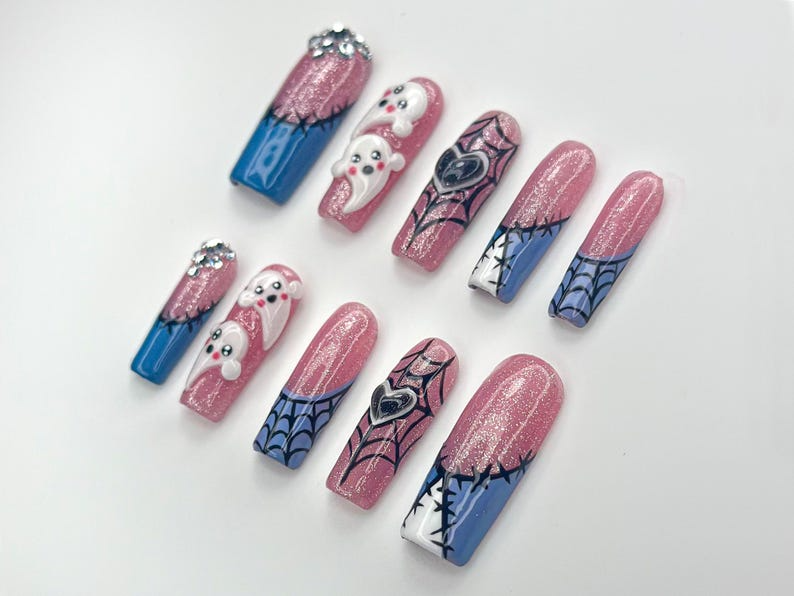 Gothic Ghost Web Press On Nails | Spooky Sparkle Pink Nails | 3D Ghosts & Rhinestone Accents | Halloween Web Nail Art | HB1065EK