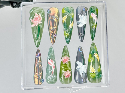 Koi Fish Nail Art by DoryNails | Japanese Pond Acrylic Nails | Water Garden Nail Art | Zen Inspired Fake Nails | Nature Aesthetic | HB808YK