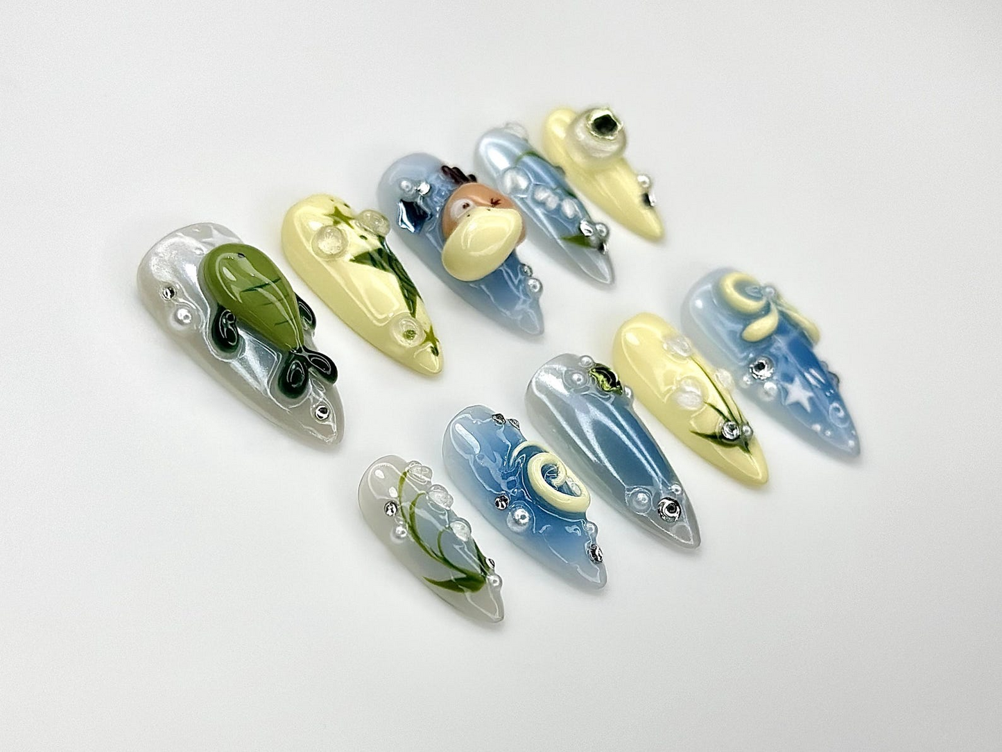 Forest Friends Duckling Press On Nails | Cute Turtle & Nature Nail Art | Lily of the Valley Nails | Green Blue Pastel Nails | JB973EC