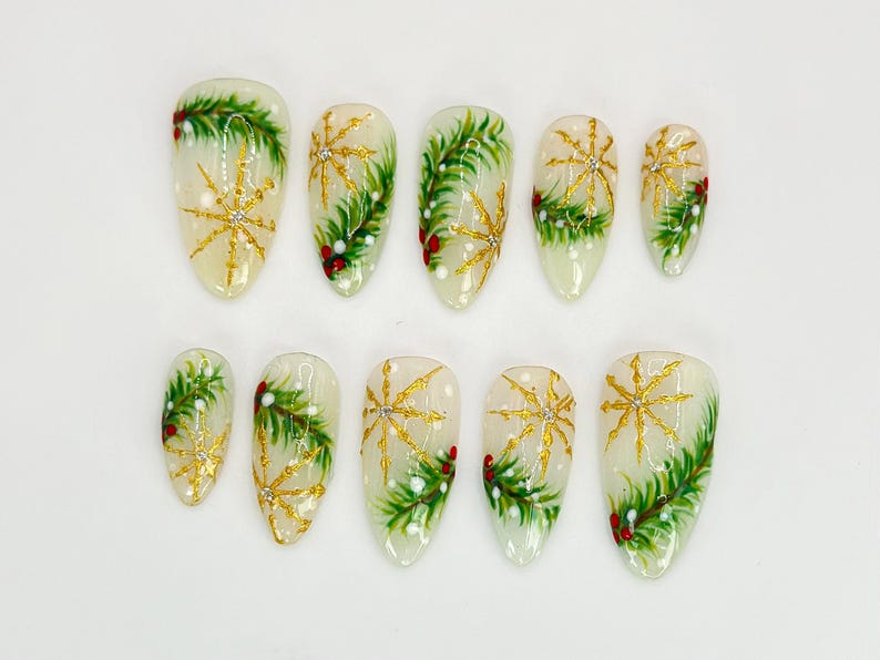 Luxury Christmas Press On Nails | Gold Snowflakes And Pine Accents Fake Nails | Festive Holiday Nail Polish | Seasonal Nail Art | HC650YC
