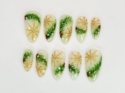 Luxury Christmas Press On Nails | Gold Snowflakes And Pine Accents Fake Nails | Festive Holiday Nail Polish | Seasonal Nail Art | HC650YC