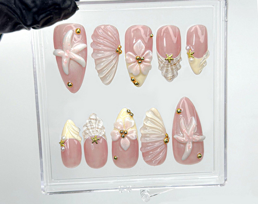 Soft Nude Seashell 3D Press On Nails | Starfish, Shell & Floral Nail Art | Handmade Pastel Nude Beach Nails | HC987EK