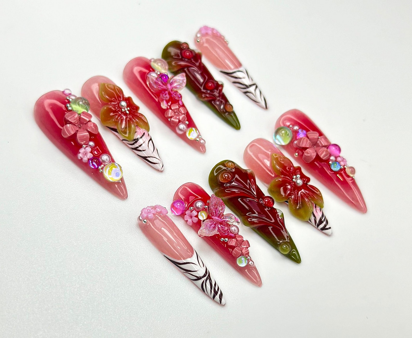 Bold Bloom Jungle Press On Nails | 3D Red Floral & Butterfly Nail Art | Zebra Print French Tips | Tropical Jungle Nail Design | JC925EK