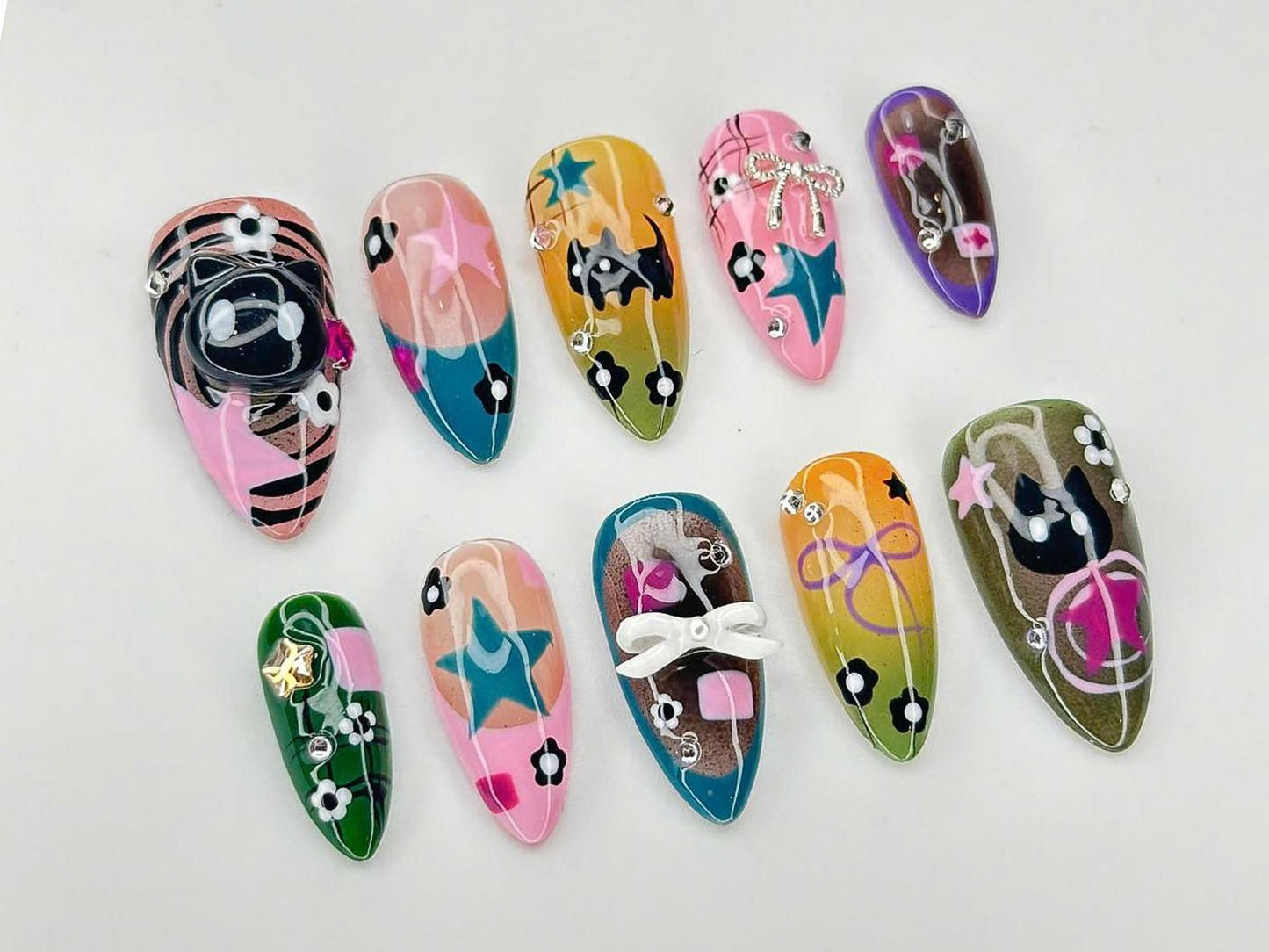 Goth Kawaii Press On Nails | Handmade Black Cat & Star Nail Art | Long Stiletto Glue On Nails | Alternative Aesthetic Gift for Her | JB913DC