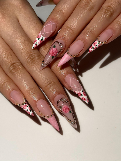 Pink Rose Press On Nails for Bridal | Handmade Rose Flower Nails with Pearls | Elegant Wedding Press Ons | Gold Frame Floral Nails | OB295HC