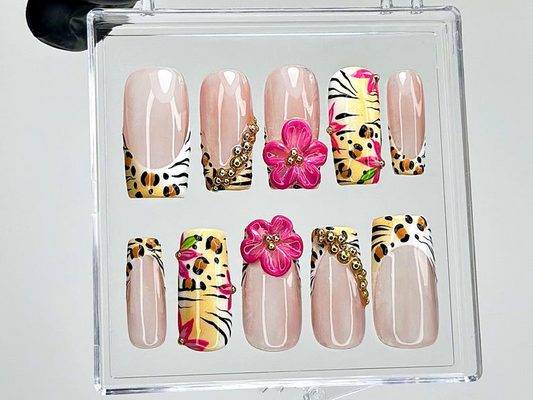 Leopard Floral Press On Nails | Pink Flower Cheetah French Tips Nail Art | Safari Press Ons | Animal Print Fake nails | Wild Animal |HB943YK