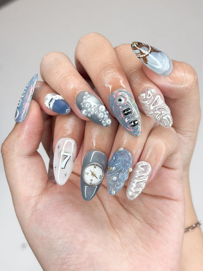 Kpop Inspired Celestial Voyage Nails | 7 Spirits Arirang Press Ons | Blue Aurora Silver Liquid Metal Nails |3D Fandom Concert Nails| OB365IK