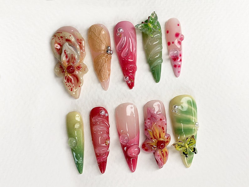 Secret Garden Long Almond Flowers Press On Nails | Dreamy Fairy Tale Inspired Fake Nails | Handmade Floral Nail Art | Gift for Her | JC435AV