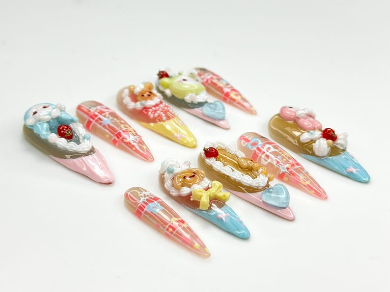 Pastel Fairy Kei Press On Nails | 3D Cartoon Bear Bunny Nail Art | Harajuku Kawaii Fake Nails | Cute 3D Kawaii Nails | cute cute nails |HB580YP