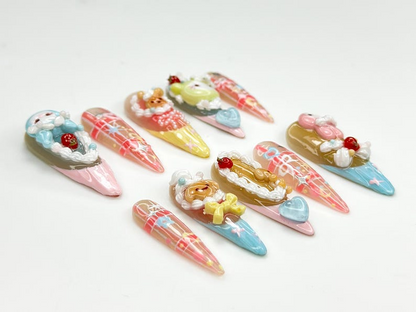 Pastel Fairy Kei Press On Nails | 3D Cartoon Bear Bunny Nail Art | Harajuku Kawaii Fake Nails | Cute 3D Kawaii Nails | cute cute nails |HB580YP