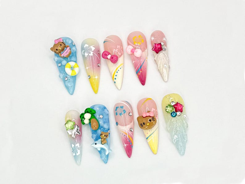 Kawaii Hello Kitty Press On Nails| 3D Tropical Nail Art | Cat & Plaid 3D Nail Set | Handmade Nail Set | Cute 3D Nail Art Design| JB619LC