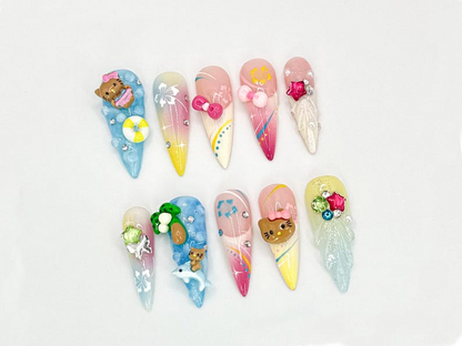 Kawaii Hello Kitty Press On Nails| 3D Tropical Nail Art | Cat & Plaid 3D Nail Set | Handmade Nail Set | Cute 3D Nail Art Design| JB619LC