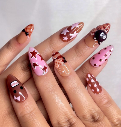 Chocolat Bear Cute Press On Nails | Kawaii Cartoon & 3D Cat Nails | Pink Brown Retro Nail Art | Handmade Fun Press Ons | JB221EC