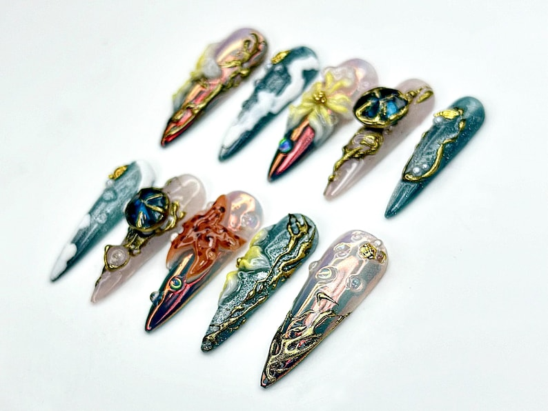 Mystical Forest Bloom Press On Nails | 3D Butterfly Vine Nail Art | Fantasy Nature Sculpted Nails | Metallic Galaxy Tips | JB955EK