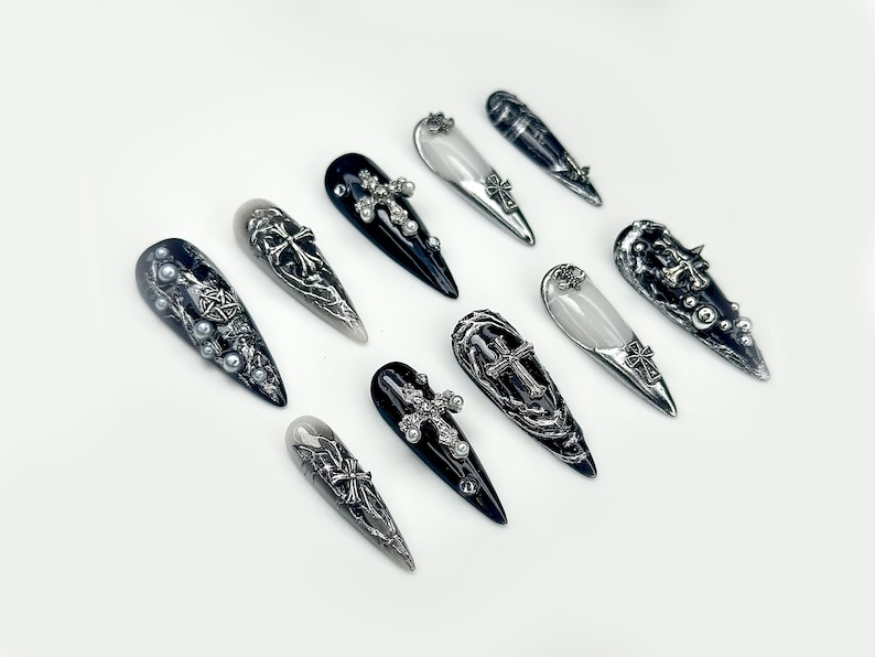 Gothic Cross Elegance Press On Nails | Black & Silver 3D Nail Art | Intricate Crosses And Pearls | Dark Gothic Fantasy Nails |HB1045EP