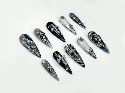 Gothic Cross Elegance Press On Nails | Black & Silver 3D Nail Art | Intricate Crosses And Pearls | Dark Gothic Fantasy Nails |HB1045EP