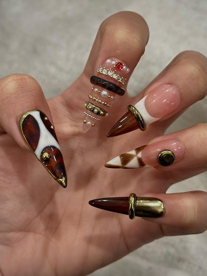 Brown Gold Luxe Press On Nails | Sculptural Ring Nail Art | Luxury Jewelry Inspired Nails | High Fashion Press Ons | Luxury Nail | JB262HK