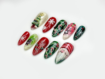 Press On Nails For Christmas| Red Green Christmas Nail Art | Candy Cane & Tree Nails | Festive Holiday Press Ons |JB217ET