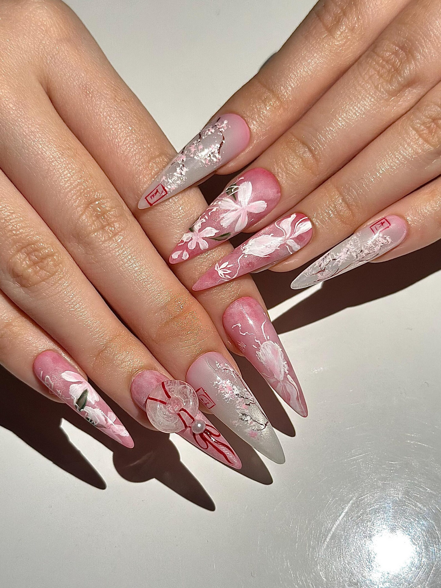 Pink Blossom Press On Nails | Pink Jelly Floral Nails | Asian Flower Nails | Romantic Spring Nails | Handmade Stiletto Press Ons | OB312HC