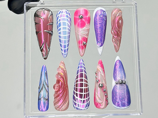 Galaxy Chrome Press On Nails | Holographic Purple Fake Nails | Metallic Stiletto Nail Art | Iridescent Galaxy Nails | Gothic Nails | HB915YK