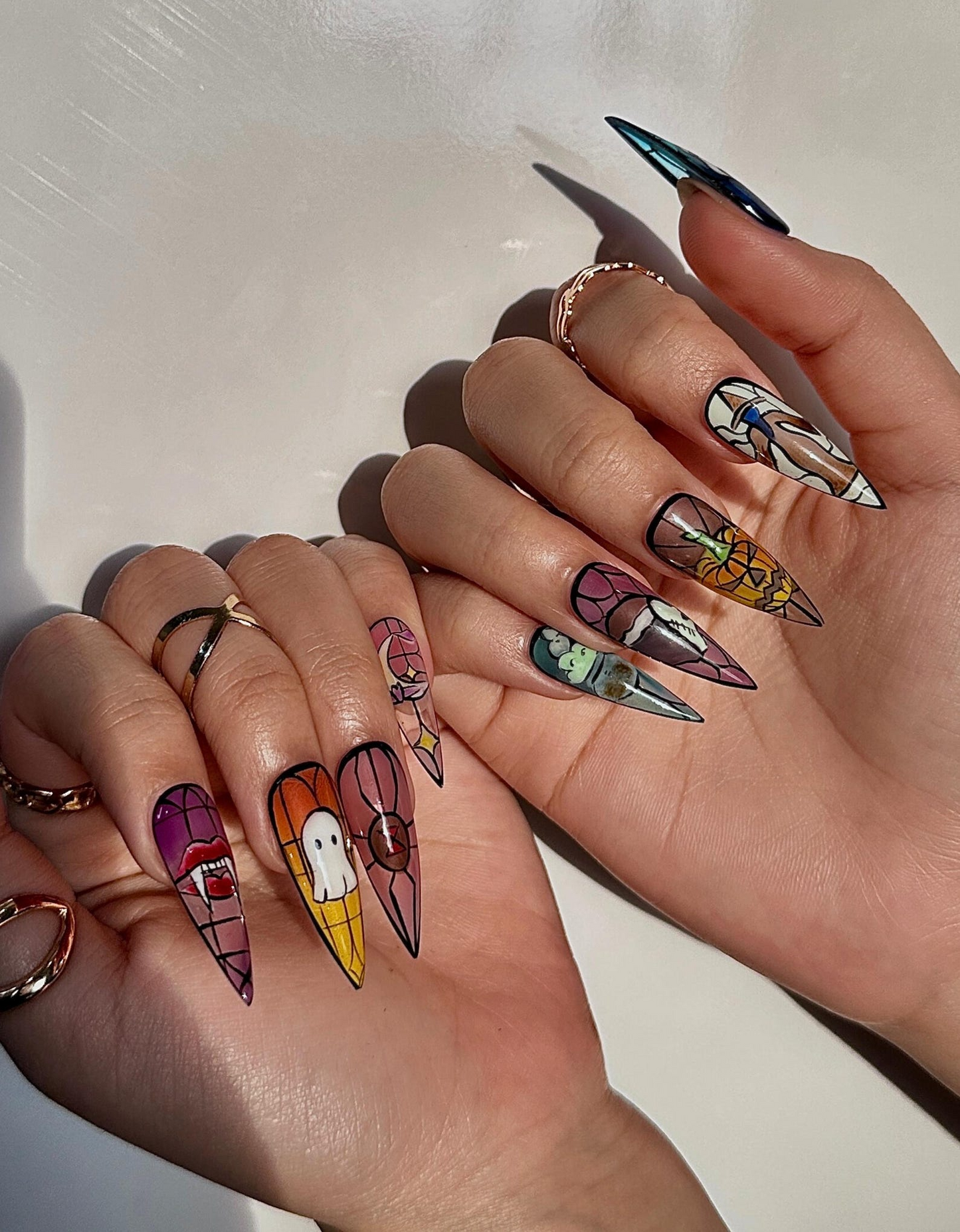 Stained Glass Halloween Press On Nails | Ghost Pumpkin Bat Nail Art | Colorful Spooky Nail Design | Handpainted Halloween Nails | JB111H