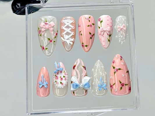 Balletcore Rose Press On Nails | Floral Lace Fake nails| Vintage Rose Nail Art | Feminine Handmade Kawaii Nails | Luxury Nails | HB940YC