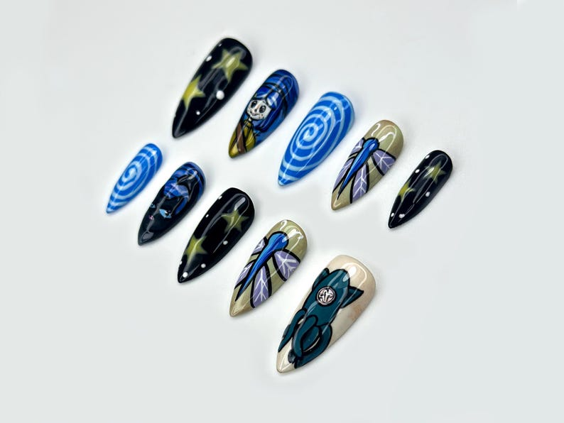 Starry Night Fantasy Press On Nails | Whimsical Blue Nail Art | Twinkling Star Nails | Cosmic Dream Design | Handmade 3D Nails | HB1068EC