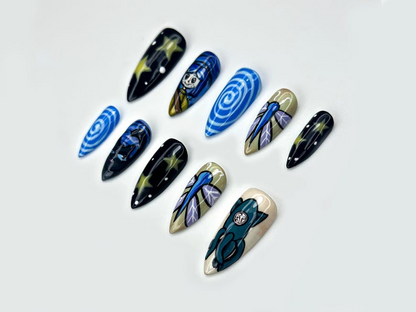 Starry Night Fantasy Press On Nails | Whimsical Blue Nail Art | Twinkling Star Nails | Cosmic Dream Design | Handmade 3D Nails | HB1068EC