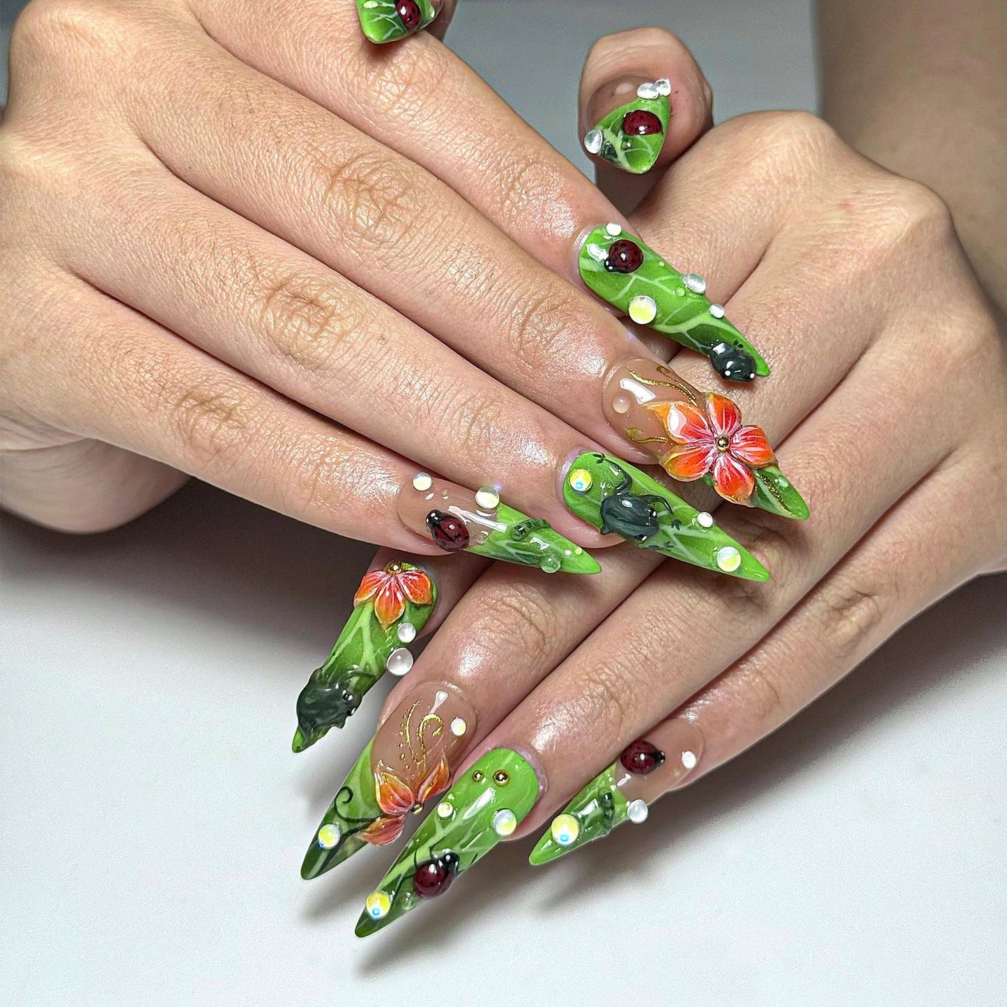 Green Floral Press On Nails with Ladybug and Pearl | 3D Nature Nails in Long Almond | Handmade Spring Nails for Wedding, Vacation | JB330N