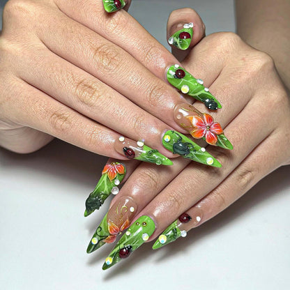 Green Floral Press On Nails with Ladybug and Pearl | 3D Nature Nails in Long Almond | Handmade Spring Nails for Wedding, Vacation | JB330N