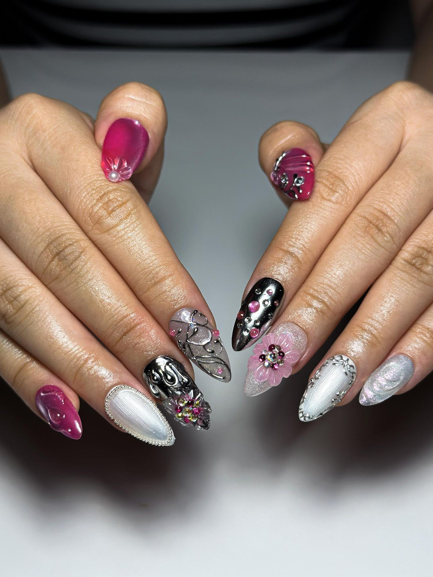 Barbie Luxe Press On Nails | Pink Chrome & Silver Nails | 3D Flower Rhinestone Nails | Elegant Almond Nails | Glam Nail Set | JC378NC (Copy)