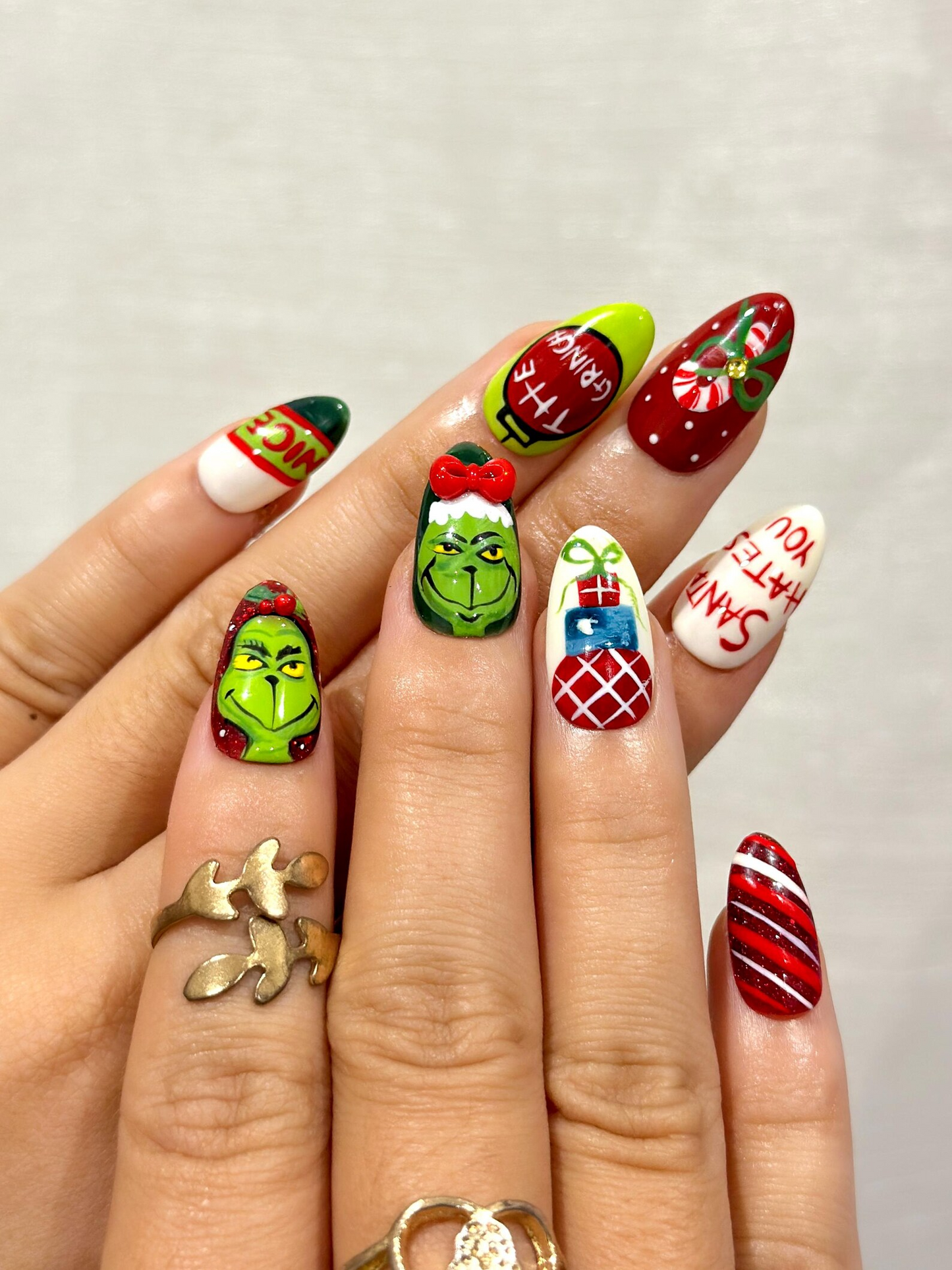 Grinch Mischief Press On Nails For Christmas | Cute Cartoon Winter Nail Art | Funny Holiday Nails | Red Green Christmas Set |JB227EG